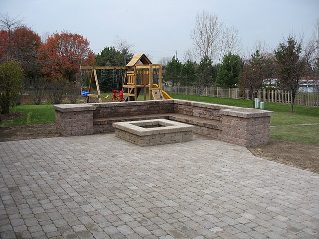 Bob's Grading built Weston Wall bench and fire pit. Bergerac 4pc Paver Patio